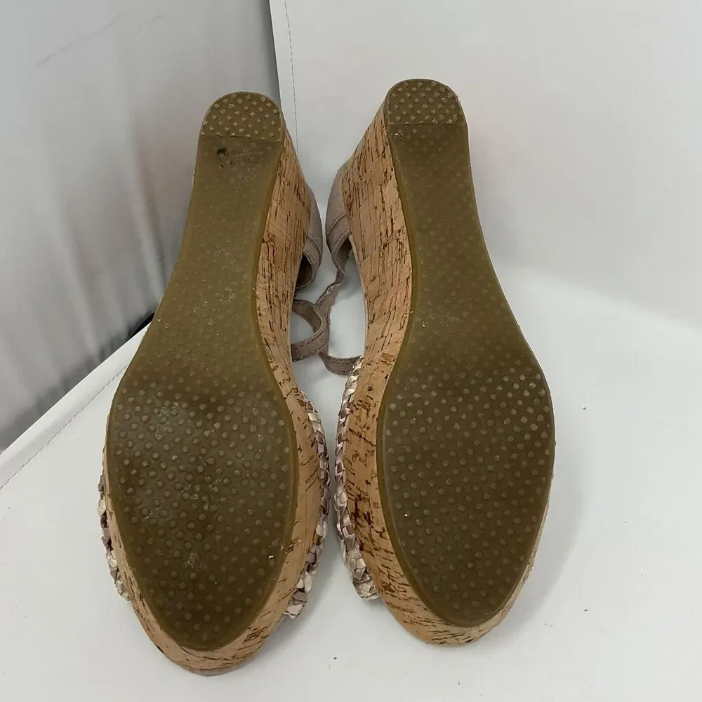 Toms Wedge Sandals‎ 7.5 Beige Tan Strappy Open Toe Shoes Ankle Strap Cork Heel